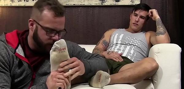  Muscle stud Trevor jerking off and foot worship cumshot